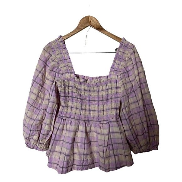 Ganni Seersucker Check Purple Balloon Sleeve Top Blouse 8 - Picture 2 of 7